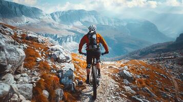 ai generado dinámica montaña andar en bicicleta en escabroso caminos, capturar el esencia de al aire libre aventuras y el desafío de rocoso terreno foto