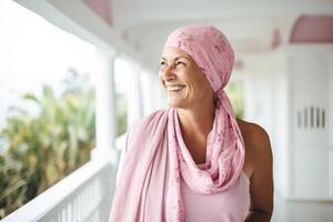 ai generado un mujer con un rosado bufanda es sonriente y mirando fuera terminado un balcón. concepto de felicidad y contentamiento, como el mujer es disfrutando su alrededores y el ver desde el balcón foto