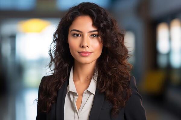 AI generated A woman with long hair is wearing a black suit and white shirt. She is smiling and looking directly at the camera