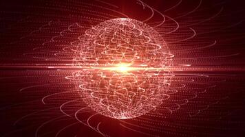 Seamless loop animation of an abstract energy sphere made of hot glowing particles and rotating white waves on a dark red background , motion graphics , looped video , 4k , 60 fps