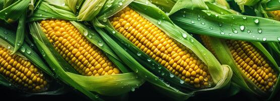 AI generated Bright, fresh sweet corn with leaves in top view, ideal for farm produce. photo