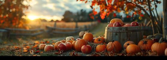 AI generated Autumn Harvest Splendor, A Rustic Scene Adorned with Pumpkins, Apples, and Vibrant Fall Foliage, Celebrating the Essence of the Fall Season. photo