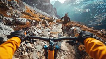 ai generado dinámica montaña andar en bicicleta en escabroso caminos, capturar el esencia de al aire libre aventuras y el desafío de rocoso terreno foto