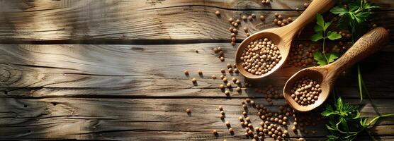 AI generated Plant-based ingredients, lentils on table in gentle sunlight, top view, lentils wooden table photo