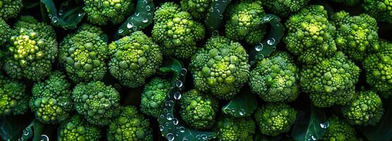 AI generated Fresh green broccoli closeup with dewy leaves, showcasing vibrant textures photo