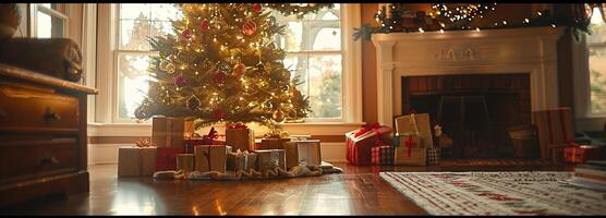 AI generated Holiday Spirit in the Home, A Beautifully Decorated Christmas Tree with Wrapped Presents Underneath in a Cozy Living Room Setting for Festive Cheer. photo