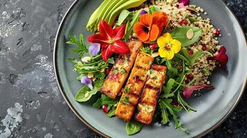 ai generado planta establecido deleitar, vibrante quinua y aguacate ensalada adornado con comestible flores, emparejado con tempeh y anacardo queso para sostenible comiendo. foto