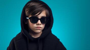 AI generated A young cool boy wearing a black hoodie against a blue background photo