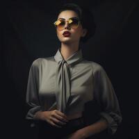 AI generated Beautiful woman, wearing a grey blouse and black belt, posed against a dark background photo
