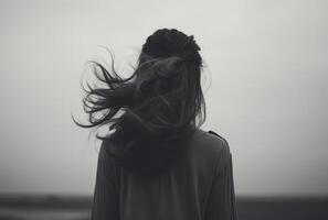 ai generado un negro y blanco foto demostración un mujer visto desde detrás, su pelo soplo en el viento en contra un gris fondo