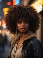 AI generated Black Woman with curly hair, wearing a dark-colored jacket, stands on a street with illuminated signs in the background photo