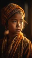 AI generated A young girl dressed in balinese, illuminated by soft lighting photo