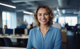 AI generated A smiling woman, standing in a modern office environment photo