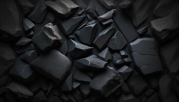 AI generated A collection of dark, jagged rocks or stone pieces, densely packed together, with a play of light and shadow highlighting their texture and form photo