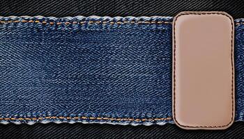 AI generated Black denim background with lace borders and small leather label, a close-up of a denim fabric with a brown leather patch photo