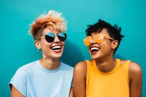 AI generated Two friends laughing, against a bright turquoise background photo