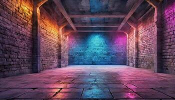 AI generated A colorful, illuminated corridor with stone walls and concrete floor, neon light photo