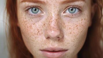 AI generated A close-up view of a womans face highlighting her prominent freckles photo