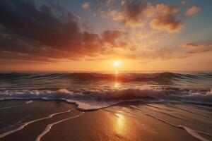 ai generado puesta de sol en el playa con olas y nubes foto