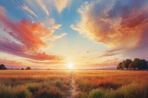 AI generated a beautiful sunset over a field with a path leading to it photo