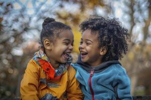 AI Generated Joyful Children Laughing Outdoors photo