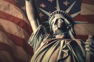 AI Generated Statue of Liberty Against American Flag Background photo