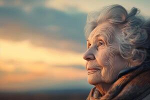 AI Generated Reflective Senior Gazing at Sunset photo