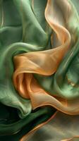 AI generated Green and Orange Iridescent Light Silk Fabric Background photo