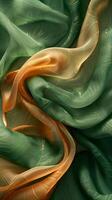 AI generated Green and Orange Iridescent Light Silk Fabric Background photo