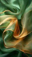 AI generated Green and Orange Iridescent Light Silk Fabric Background photo