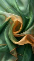 AI generated Green and Orange Iridescent Light Silk Fabric Background photo