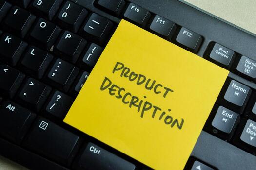 Concept of Product Description write on sticky notes isolated on Wooden Table. photo