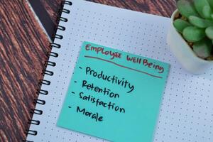 Concept of Employee Wellbeing write on sticky notes isolated on Wooden Table. photo