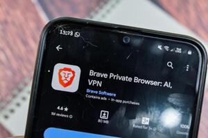 Brave Private Browser ai, VPN application on Smartphone screen. brave is a freeware web browser developed by Brave software. Bekasi, Indonesia, March 14, 2024 photo