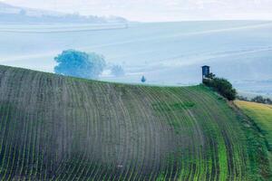 Moravian rolling landscape with hunting tower shack photo