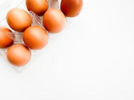 marrón huevos en transparente el plastico caja de cartón en blanco fondo, parte superior esquina vista. concepto de orgánico producir, desayuno esenciales, y sano comiendo con Copiar espacio. foto