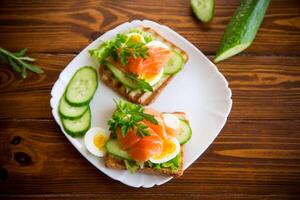 fried toast with lettuce, egg, cucumbers and red fish in a plate. photo