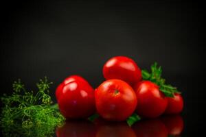 Ripe red tomatoes with greens on black background. photo