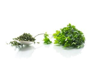 dried parsley in a spoon next to fresh herbs. photo