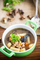 mushroom hot soup with beans in a bowl photo