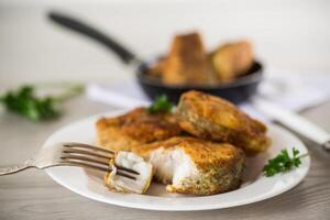 A piece of hake fish fried in a crispy crust, in a plate. photo