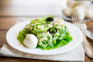 fresh summer salad with early cabbage, cucumbers, radishes and other vegetables in a plate photo