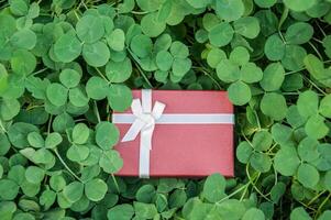 Red gift box on green clover leaves background. St.Patrick's Day photo