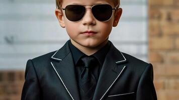 AI generated a young boy wearing sunglasses and a suit photo