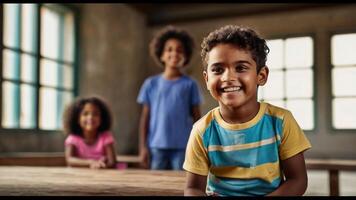 ai generado un joven chico sonrisas mientras sentado a un mesa foto