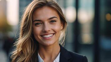 ai generado un hermosa joven mujer sonriente en frente de un edificio foto