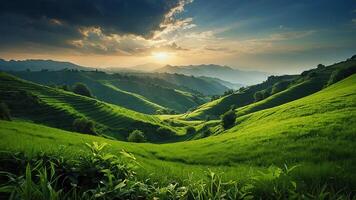 ai generado verde colinas y herboso Valle a puesta de sol foto