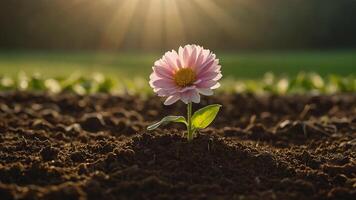 AI generated a pink flower is growing in the dirt photo