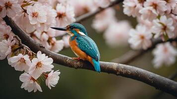 ai generado un martín pescador encaramado en un rama de un Cereza árbol foto