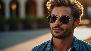 ai generado un hombre vistiendo Gafas de sol y un mezclilla camisa foto